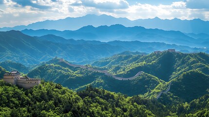 Naklejka premium Lush Greenery Surrounding the Majestic Great Wall