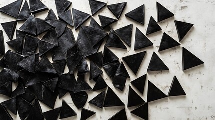 Black triangular shapes scattered on a white surface