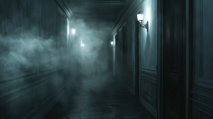 Scary dark misty corridor featuring an ominous atmosphere with limited visibility Perfect for horrorthemed designs or creating suspenseful settings