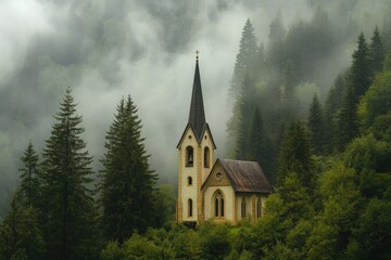 serene church nestled in misty forest