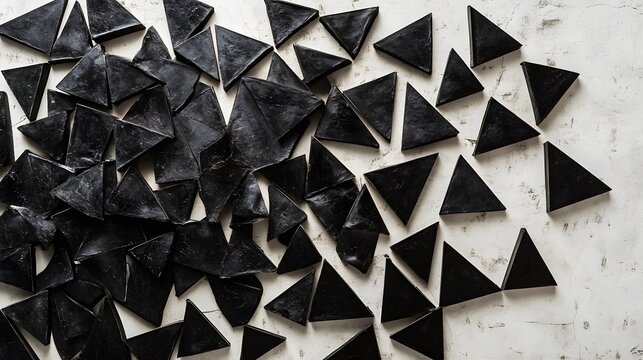 Black triangular shapes scattered on a white surface