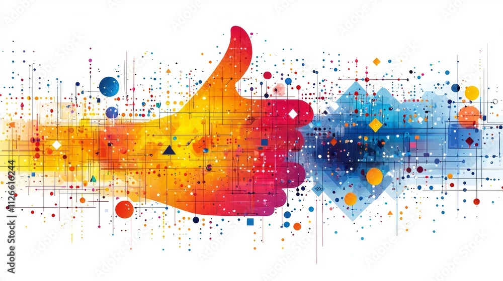 Poster vibrant geometric shapes form thumbs up gesture combining triangles squares and circles white backgr