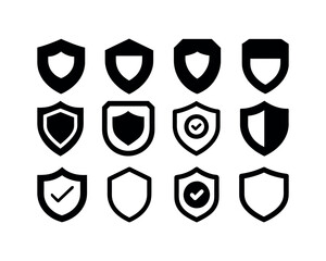 Shield icon. Heraldic shield set. Black knight award contours and linear signs. Protect shapes silhouette, Badge quality symbol, sign, logo or emblem, Vector illustration.