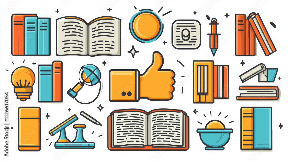 Poster colorful geometric shapes depict thumbs up symbol alongside book elements like open pages and bookma