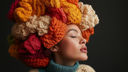 A woman wearing a colorful wig with a red, orange, and yellow headpiece