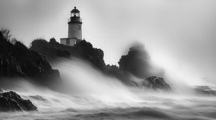 Dramatic black and white photo of a lighthouse on a rocky coast during a powerful storm, waves crashing against the rocks.