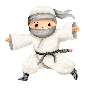 recommend clip art: Cute Ninja Kid Watercolor Clipart Cartoon Illustration Martial Arts Anime Style Soft Pastel Colors