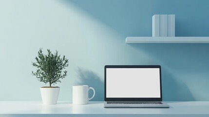 Workspace with blank screen laptop, coffee mug, mini tree pot, and ample copy space on white table. Shelf adorns light blue wall. 