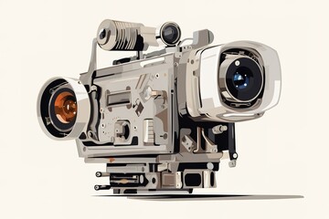 Fototapeta premium Vintage 35mm camera on white background with lens and reflection on the surface below the camera 