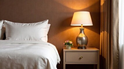 interior in trend color 2025 Mocha Mousse  , bed with white linens, lamp and bouquet of flowers on the left  side on the bedside table