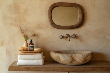 An aged stone sink, a wooden shelf with an organic soap bottle and towels, a rustic mirror hanging on the wall above it, a textured beige stucco background, creating a warm, earthy atmosphere