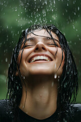 Fototapeta premium A woman with wet hair is smiling and laughing