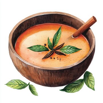 recommend clip art: Watercolor Rasam Soup Illustration Spicy Tamarind Bowl Herbal Garnish Cozy Food