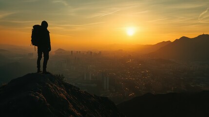 Obraz premium Silhouette on a mountain overlooking a city at sunrise, symbolizing vision and goal setting.