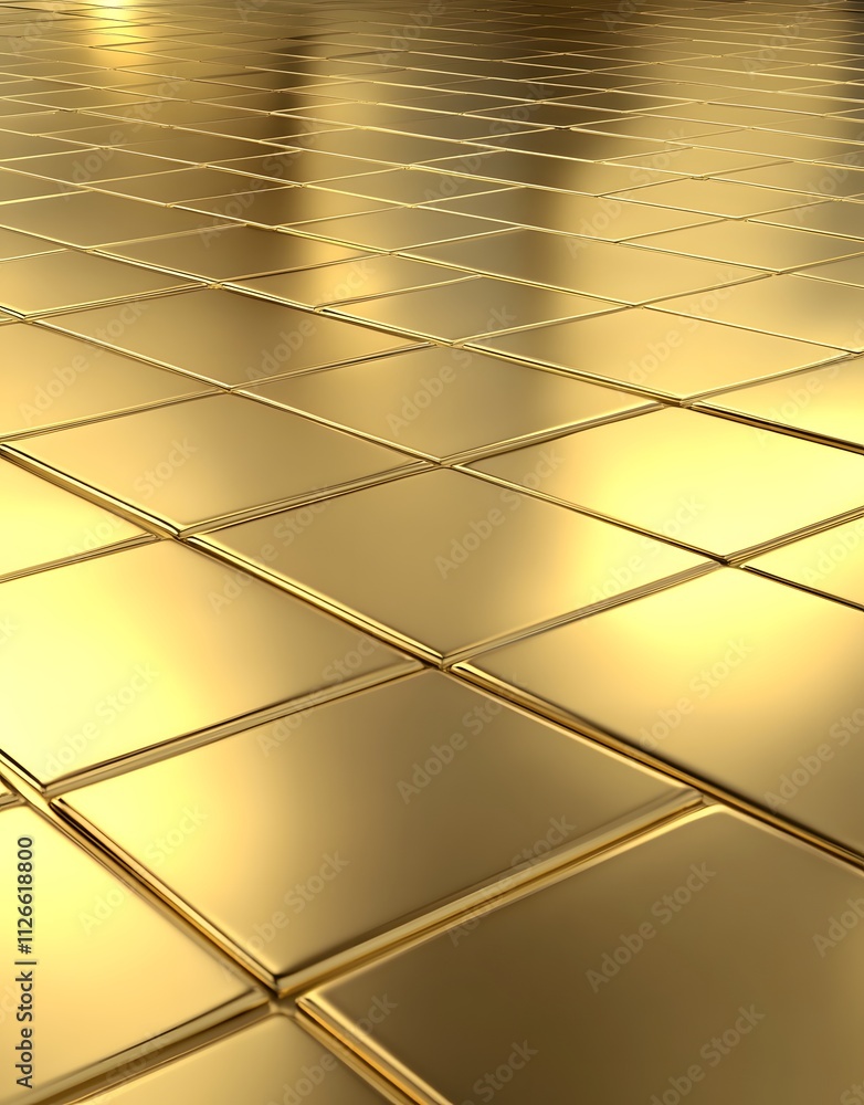 Poster a reflective surface of gold tiles arranged in a grid pattern, creating a luxurious appearance.