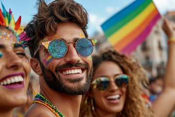 Smiling group of friends with glitter and rainbow accessories celebrating LGBTQ+ Pride Day outdoors, radiating joy and inclusion