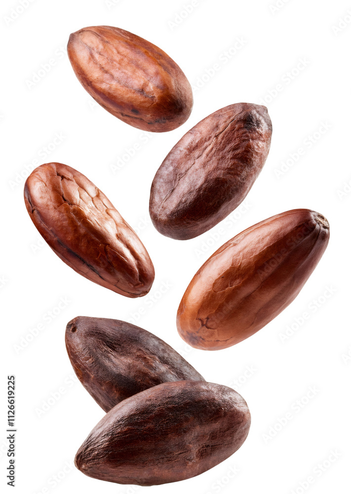 Poster roasted cocoa beans falling on a transparent background, awaiting processing into cocoa powder, coco