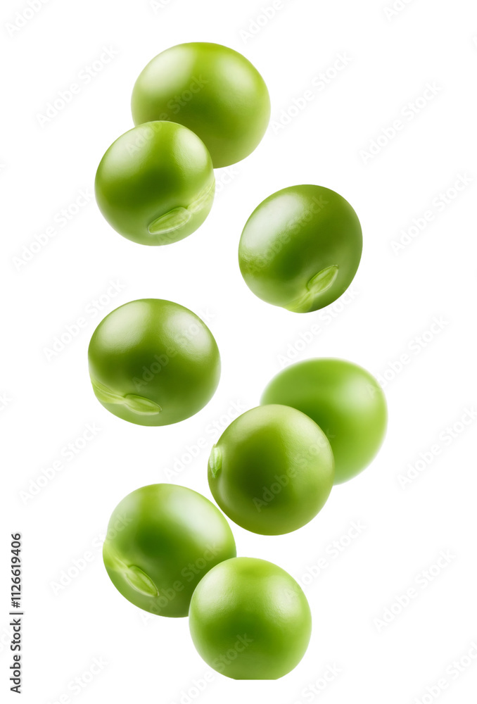 Poster ripe green peas falling against a transparent background, creating a dynamic and appetizing image pe