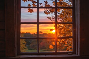 autumn sunset view through a window
