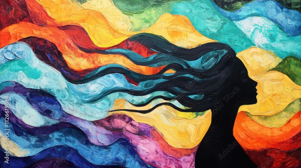 Poster silhouette with colorful waves symbolizes mental processes and cognitive flow.