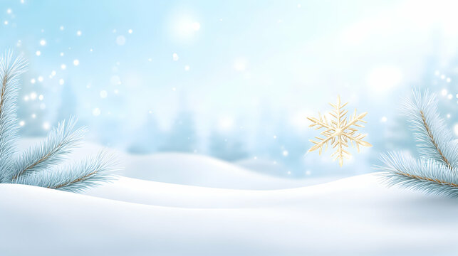 Serene winter landscape, snowy scene with pine branches and a gold snowflake, perfect for holiday cards or winter themed designs.