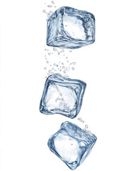 Three flying ice cubes falling isolated on transparent background clipping path