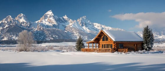 Fototapeta premium cozy cabin in snowy landscape with mountains
