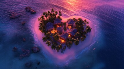 Romantic heart-shaped tropical island at sunset with stunning ocean view