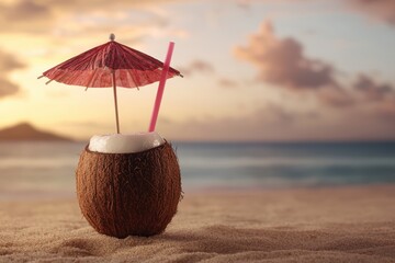 Tropical Coconut Drink Sunset Beach Summer Vacation