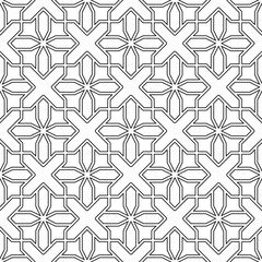 Seamless abstract geometric pattern, consisting of intersecting lines with complex shapes in black and white. Suitable for backgrounds, textiles, wallpapers and various creative projects.