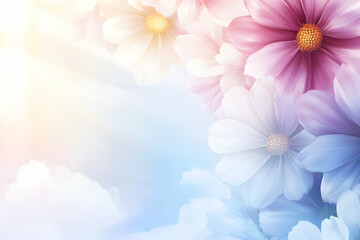 Fototapeta premium Serene pastel floral arrangement against a soft, dreamy sky backdrop. Ideal for greeting cards, websites, or calming backgrounds.
