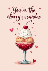 A sundae with whipped cream, cherries, and hearts, set on a soft pastel background. Romantic design concept for love and affection. Valentine's Day Card