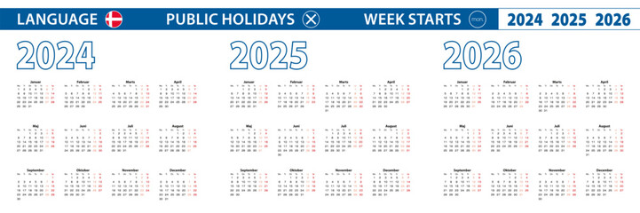 Simple calendar template in Danish for 2024, 2025, 2026 years. Week starts from Monday.
