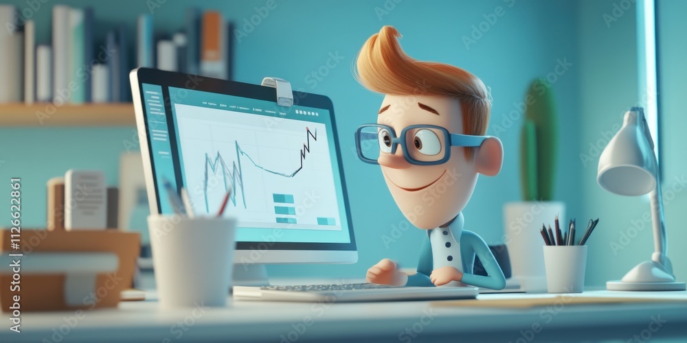Aufkleber animated boy analyzing financial data on computer screen in modern home office setting