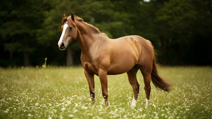 Fototapeta premium Beautiful horse standing on the field of grass
