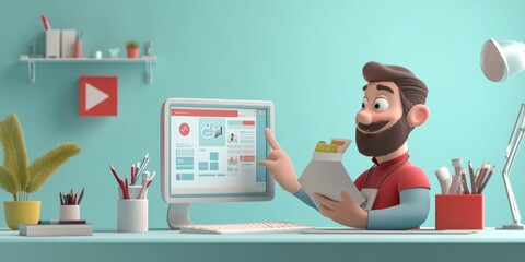 Creative Cartoon Designer Working on a Computer and Documents 3D Render Illustration