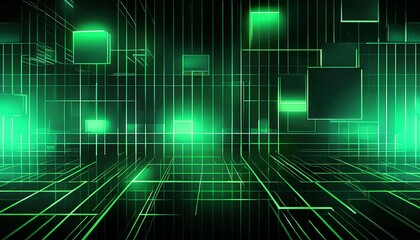 abstract grid of green neon glowing squares on a dark black background creating a sleek tech inspired design with subtle digital textures