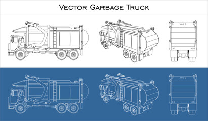 Vector  garbage truck set. illustration line drawing blueprint technical drawings isolated on transparent background