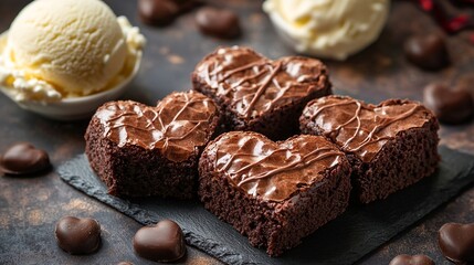 Heart-shaped brownies baked together, served with vanilla ice cream.


