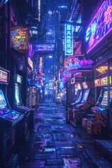 Obraz premium A cyberpunk street with arcade machines and neon signs in a digital art style