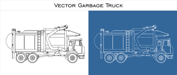Garbage truck Side view  Vector . illustration line drawing blueprint technical drawings isolated on transparent background