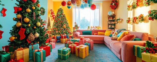 A vibrant living room filled with colorful gift boxes, a beautifully lit Christmas tree, and cheerful holiday decorations on the walls and ceiling.