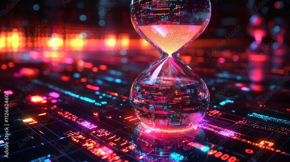 Poster transparent hourglass emits dynamic holographic projections digital sand flowing through. sleek desi