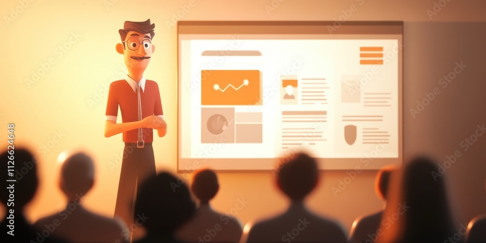 Poster animated business presentation: cartoon speaker delivering a data-driven presentation to an attentiv