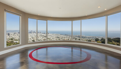 Fototapeta premium Panoramic city views from a modern home with large windows and a polished concrete floor featuring a red circle design. Luxury real estate, architectural design.