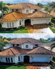 Obraz premium tiles after and before Roof cleaning with high pressure water cleaner tile roofing
