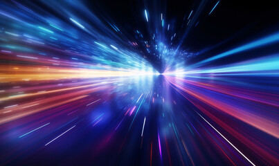 Future virtual reality, motion effect, curve of neon bright. Highway speed light. Information exchange and fast telecommunication.