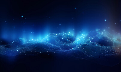 Abstract blue technology background with cybernetic polygon mesh, intertwined particles, access points and global data connections.