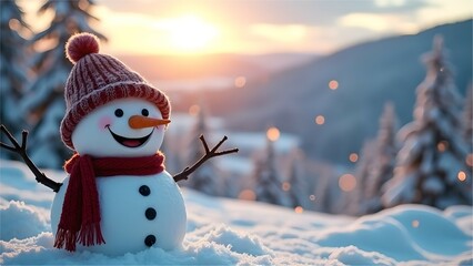 Obraz premium Winter holiday christmas background banner - Closeup of cute funny laughing snowman with wool hat and scarf, on snowy snow snowscape with bokeh lights, illuminated by the sun 