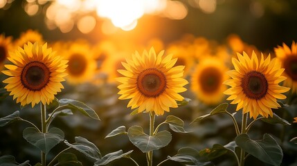 Obraz premium A vibrant sunflower field basking in the golden rays
